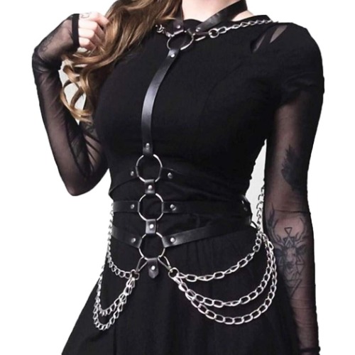 Asooll Punk Leather Body Chains Tassel Black Waist Belt Chain Beach Body Chain Bra Fashion Harness Charm Body Accessories Jewelry for Women and Girls - 