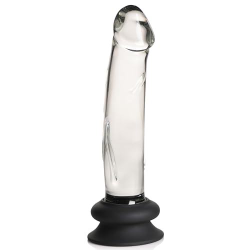 PLEASURE CRYSTALS 7.6" Glass Dildo with Silicone Base for Men, Women & Couples. Realistic Texture, Includes Removable Silicone Suction Cup, Ideal for Temperature Play. 2 Pieces, Clear.