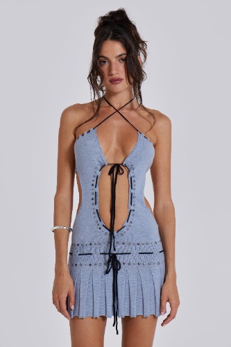 Sienna Knitted Studded Tie Mini Dress | S / Blue