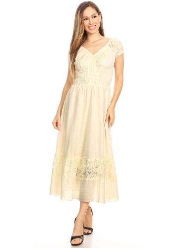 Anna-Kaci Renaissance Peasant Maiden Boho Inspired Cap Sleeve Lace Trim Dress - Small - Beige