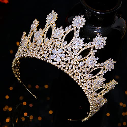 Aoligrace Luxury Tall Cubic Zirconia Tiaras and Crowns for Women CZ Pageant Birthday Headpiece Party Bridal Hair Accessories Gold - Gold