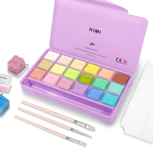 HIMI Pastel Gouache Paint Set, 18 Pastel Colors x 30ml/1oz with 3 Brushes & a Palette, Non-Toxic, Jelly Guache Paint for Canvas and Watercolor Paper - Perfect for Beginners, Students, Artists