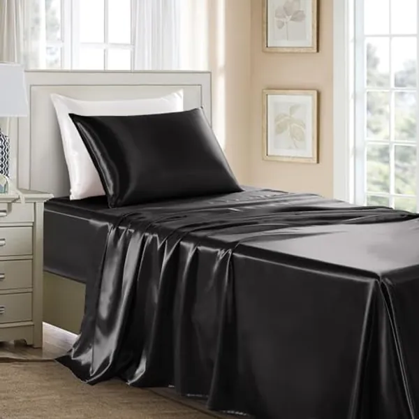 GOLAL Satin Sheets Twin XL Size - 3 Pieces Luxury Silky Soft Bed Sheets, Wrinkle-free Black Satin Silk Sheet Set with 1 Deep Pocket Fitted Sheet, 1 Flat Sheet, 1 Pillow case