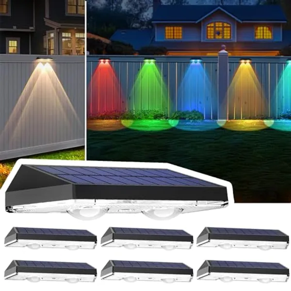 Outdoor Solar Fence Lights, 6 Pack Warm White & RGB 7 Color Charging Solar Deck Lights Waterproof Solar Lights for Outside Wall Porch Balcony Patio Decor