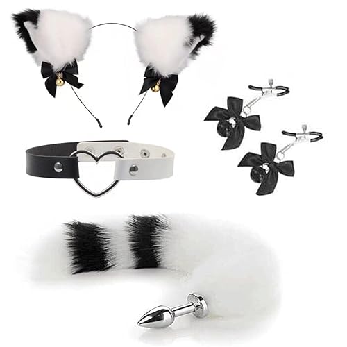 Anal Plugs Butt Plug Tail Plug Butt Plug with Tail Fox Tail Plug,Stainless Steel Anal Butt Plug with Faux Fox Tail and Ear-Anal Stopper Tail Sex Toy for SM Adult Couples Games or Cosplay - A
