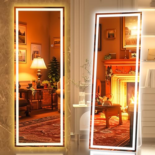 Hasipu Full Length Mirror with Lights, 56" x 18" LED Lighted Floor Standing Mirror, Full Body Dressing Hanging Mounted Mirror, Dimmable, Tempered Glass, Safe to Use, Square White - Square White Led -Tempered - 56" x 18"