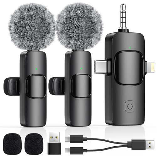 4 in 1 Mini Wireless Lavalier Microphone for All Devices (iOS, Andriod, Camera, PC) - Noise Reduction Lapel Mic for Recording, Clip on Mic, Omni Lav Mic for Video Recording, Tiktok, Youtube, Vlog - Deep Black