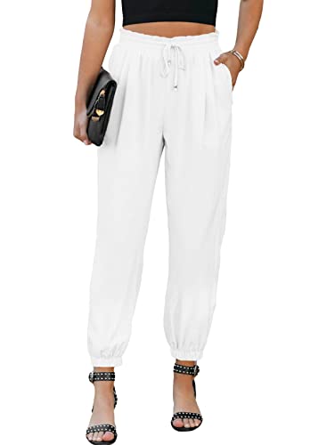 EVALESS Women's Casual Drawstring Elastic High Waisted Pants Loose Comfy Trousers with Pockets - Small - B White