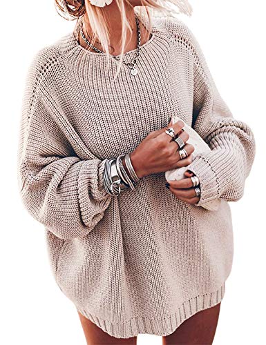 Ugerlov Women's Oversized Sweaters Batwing Sleeve Mock Neck Jumper Tops Chunky Knit Pullover Sweater - Small-Medium - Beige