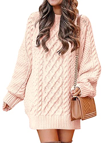 ANRABESS Women Crewneck Long Sleeve Oversized Cable Knit Chunky Pullover Short Sweater Dresses - white Medium