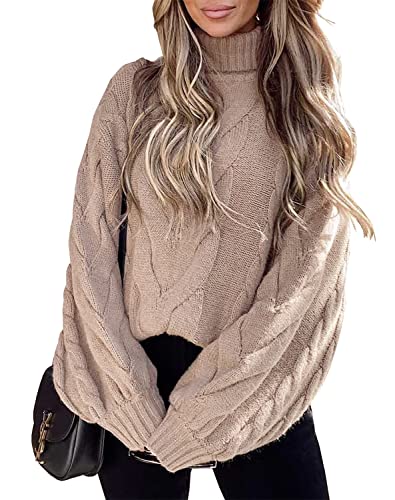Basicspace Womens Winter Fall Solid Turtleneck High Neck Sweater Casual Loose Balloon Long Sleeve Cable Knit Jumper Sweater - Medium - A-Khaki