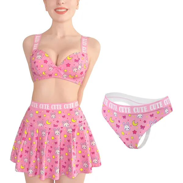 Littleforbig Women High Waisted Elastic Mini Skirt Bralette Panty 3 Pieces Set Plus Size Friendly - Pink Small