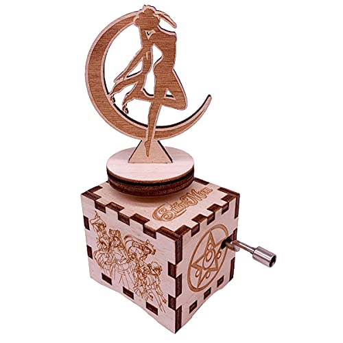 Sailor Moon Carved Wood Music Box Hand Crank Musical Box with Rotating Top for Christmas,Birthday,Valentine's Day,Play Moonlight Densetsu - Rotating Style
