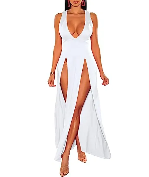 xxxiticat Women's Double Slit Maxi Tank Dress Sleeveless Deep V-Neck Low Cut High Split Cover Up Long Bodycon Wrap Dress