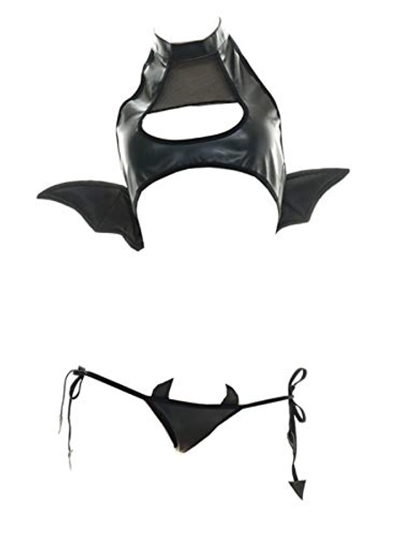 Yameidie Women Spatent Leather Wing Devil Lingerie Costume Outfit Lolita Anime Cosplay Sleepwear Black