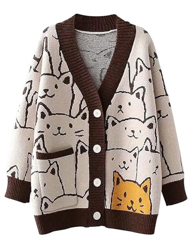 Arssm Cat Cardigan Sweater for Women Kawaii Cartoon Oversized Knit Loose Fit V Neck Printed Cardigan Coat - Navy Medium