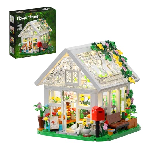 Flower House Building Set, Garden House Building Toy with LED Light, Creative Building Playset, Build a Greenhouse Model, Great Gift for Friends or Girls (597 Pieces)