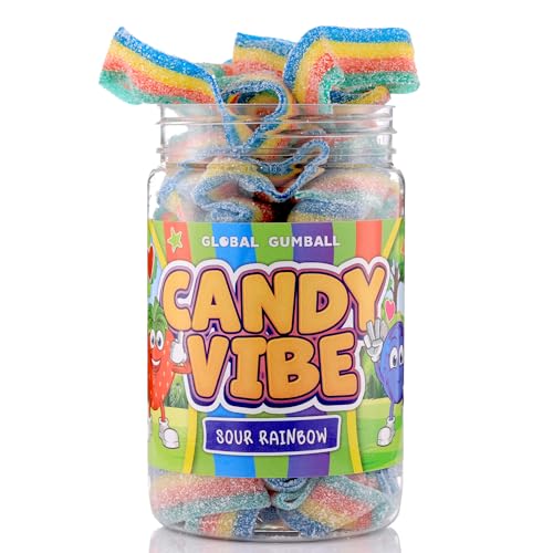 Sour Belts Candy - Rainbow Candy Sour Strips - 0.55 Lb Jar of Sour Strips Candy - Sour Rainbow Belts- Peanut Free - Great as Movie Theater Candy for Kids - Rainbow