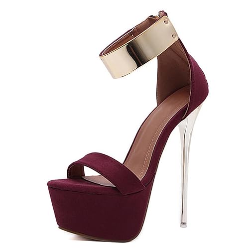 Holibanna Womens Stiletto Sandals Sexy Ankle Strap Super High Heel Stiletto Pumps Suede Round Toe Fetish Kinky 16cm Heeled Platform Stripper Dancing Shoes - 5 UK - Claret