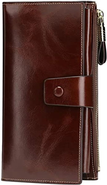 Itslife Womens Wallet RFID Blocking Large Capacity Luxury Wax Genuine Leather Wallets Clutch Wallet Ladies Card holder, Coffee