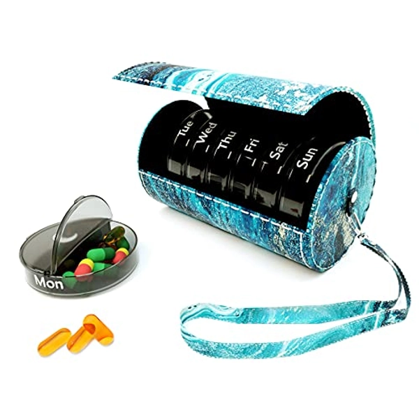 Hennaja Weekly Pill Organizer 2 Times a Day, Large 7 Day Pill Box with PU Case AM PM Pill Box Daily Pill Cases Medicine Box(1-Blue Quicksand)