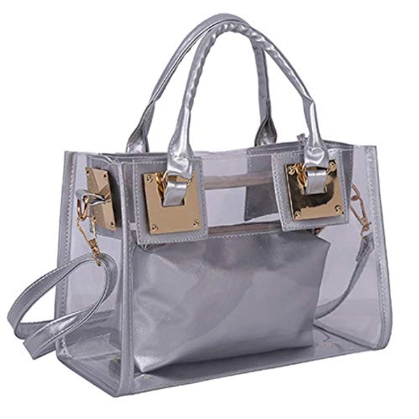 FiveloveTwo Women 2 Pcs Small Clear Tote Beach Shoulder Top-handle Bag PVC Transparent Satchel Handbag Purse Sliver