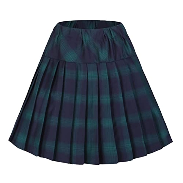 Women's Elastic Waist Plaid Pleated Skirt Tartan Skater School Uniform Mini Skirts