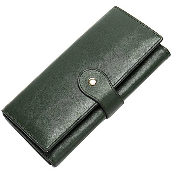 KELEEL Trifold Womens RFID Wallets Genuine Leather Large Capacity- Credit Card Slots Coin Purse with ID Window (Green)