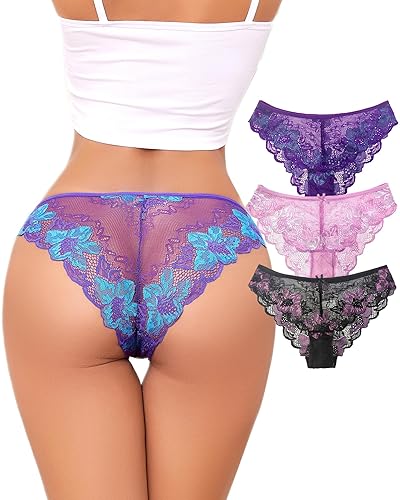 UGDUCK Lace Underwear for Women Sexy Cheeky Panty Seamless Women's Underwear Hipster Ladies No Show Breathable Bikini 3 Pack - Large - Multicolor-a