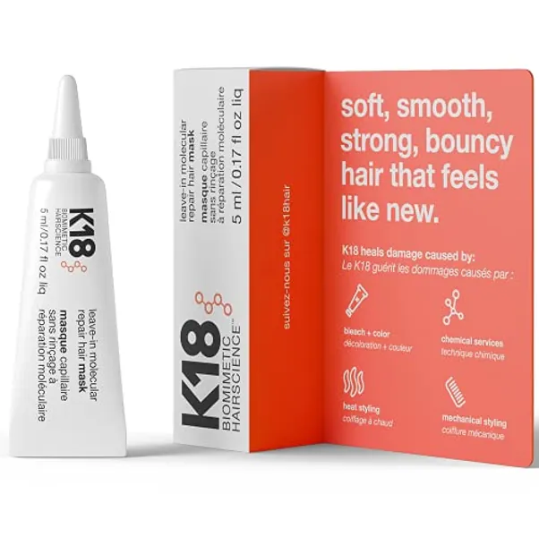 K18 Leave-In Repair Hair Mask Treatment to Repair Dry or Damaged Hair - 4 Minutes to Reverse Hair Damage from Bleach, Color, Chemical Services and Heat, 5 ml