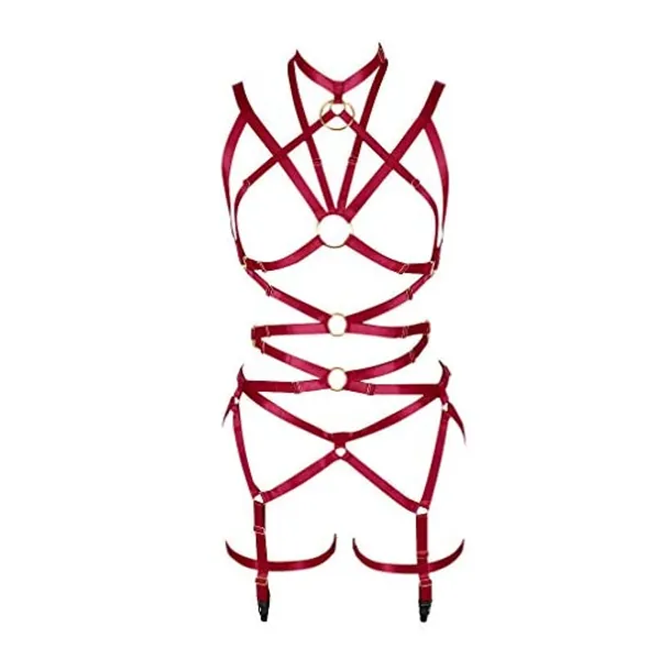 
                            PETMHS Women's Punk Cut Out Harness Body Full Strappy Lingerie Garter Belts Set Elasticity Goth Club Rave Wear
                        