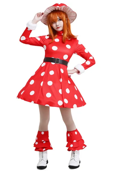 My Hero Academia Kinoko Komori Shemage Cosplay Costume Red Mushroom Turtleneck Dress White Fly Agaric Pattern Outfit with Hat
