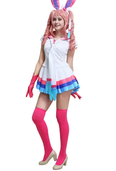 PM Sylveon Pink Cream-colored Cosplay One-piece Dress Costume with Ears