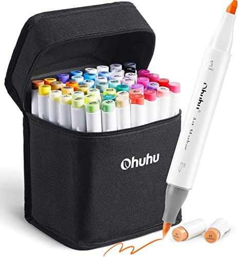 Ohuhu Alcohol Markers Brush Tip: 48-Color Double Tipped Art Marker Set for Artist Adults Coloring Illustrations -Honolulu -Brush & Chisel -Refillable - Chisel & Brush