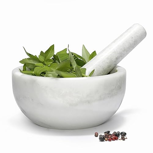 Koville African Natural Marble Mortar and Pestle Set, 4 Cups Grinder Bowl for Guacamole, Salsa, Pill Crusher, Spice, Herb, Garlic, Nut, Heavy Duty Grinder for Kitchen(Namib Fantasy) - 4 cups White Marble Polished