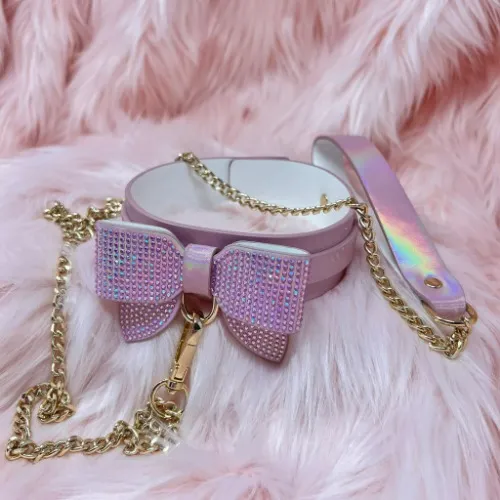 Pink Leather Rhinestone Kitty Collar