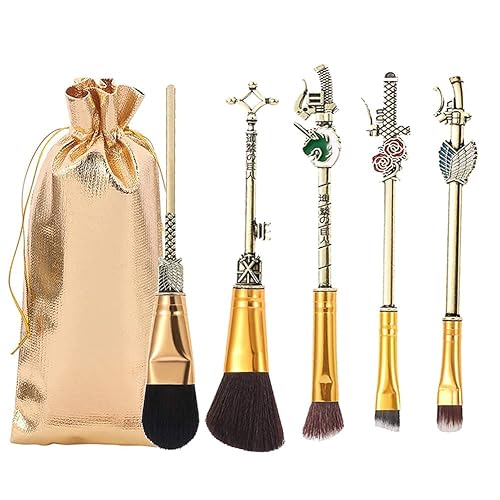 Makeup Brush Set Attack on Titan Anime Collection for Foundation Blush Eyeshadow Face Concealer Eyeliner Contour Powder Liquid Eye, Gift for Girls Women, Attack on Titan merch, 5 pcs, Deep Gold - Attack on Titan Deep Gold