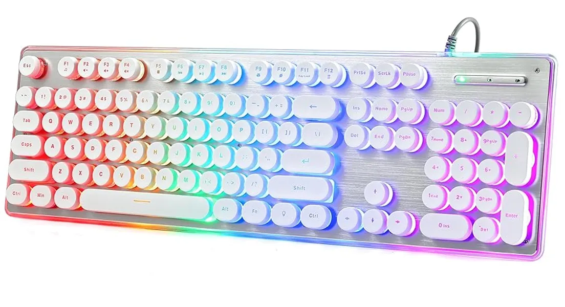 ANSWK Typewriter Style Keyboard with Metal Panel, Rainbow LED Backlit, Round Keys, Anti-ghosting, Spill Resistant, Light Up USB Wired Retro 104 Keys for Office/Gaming, White/Silver - White