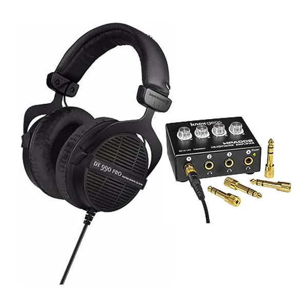 beyerdynamic DT 990 PRO 250 ohm Studio Headphones (Ninja Black, Limited Edition) with 4-Channel Headphone Amplifier Bundle (2 Items)