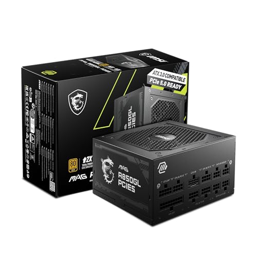 MSI MAG A850GL PCIE 5 & ATX 3.0 Gaming Power Supply - Full Modular - 80 Plus Gold Certified 850W - Compact Size - ATX PSU - 850W (PCIE 5) - MAG A850GL PCIE5