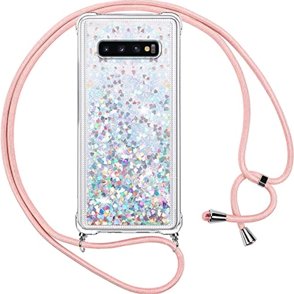 Vauki Funda para Samsung Galaxy S10+ con Cuerda,Transparente Silicona Glitter Liquida Colgar Colgante Cristal Suave Carcasa,Brillante Arena Movediza con Cordón Case para Samsung S10 Plus,Silver