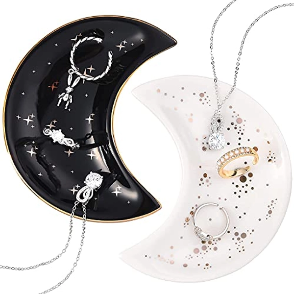 2 Pieces Moon Jewelry Dish Tray Jewelry Plate Trinket Dish Trinket Tray Ring Ceramics Jewelry Dish Valentine's Day Gift for Rings, Earrings, Bracelets, Necklaces, Crystals Stones (White, Black)