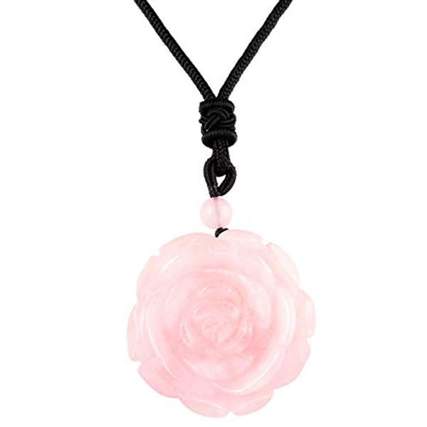 Rockcloud Hand Carved Flower Natural Crystal Stone Pendant Necklace for Women