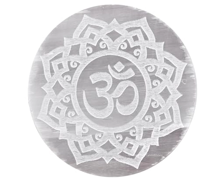 Selenite Crystal Charging Plate For Crystals And Healing Stones, 3" Selenite Crystal Plate Engraved Flower of Life with OM Coaster For Home Office Table Decor (Selenite Round Disc)