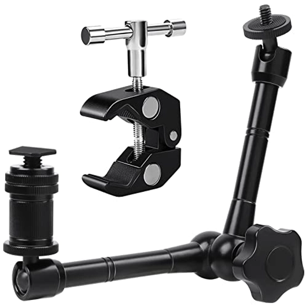 QLOUNI 11 Zoll Verstellbarer Magic Arm und Große Super Clamp mit 1/4"und 3/8" Schraubenlöchern Gelenkarm Klammer Studioklammer für Gopro, Kamera-Rig, Monitor, Blitzlicht