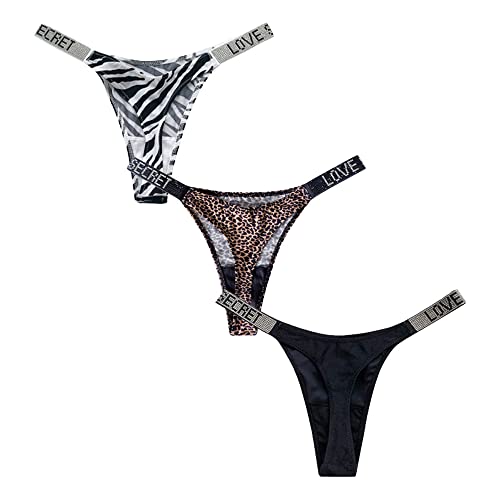 4UFIT Womens Sexy Rhinestone Thongs Low Waist High Cut Bikini Underwear Hipster T Back Panties - Black+zebra+leopard - Small