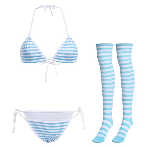 ABAFIP Women Cute Kawaii Anime Lingerie set Halter Strap Micro Bra Tiny Panty Garter Belt Striped Stockings 4Pcs Underwear - One Size - Blue - Pinstripes
