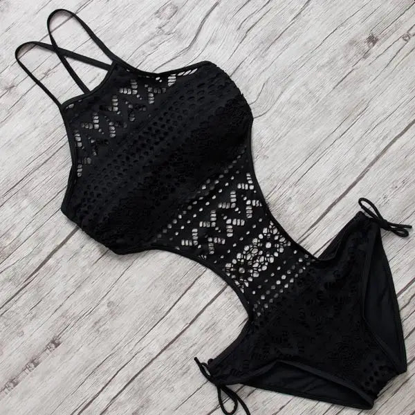 Lace One Piece Bikini with Criss Cross Halter and Flattering Fit - Black High Collar / S