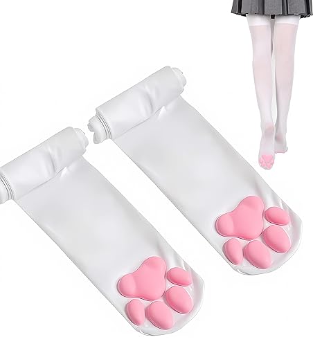 Cat Paw Thigh High Socks Golves, Cute Soft 3D Toe Beans Socks Mittens Kitten Claw Pad Socks for Girl Women Cosplay Set… - White Socks
