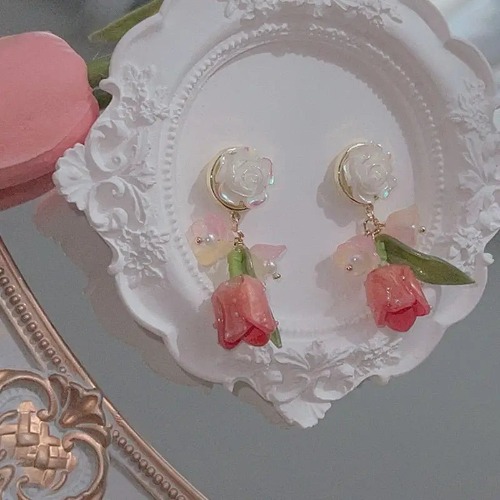 Dainty Tulip Flower Earrings with Gold Details and Backings